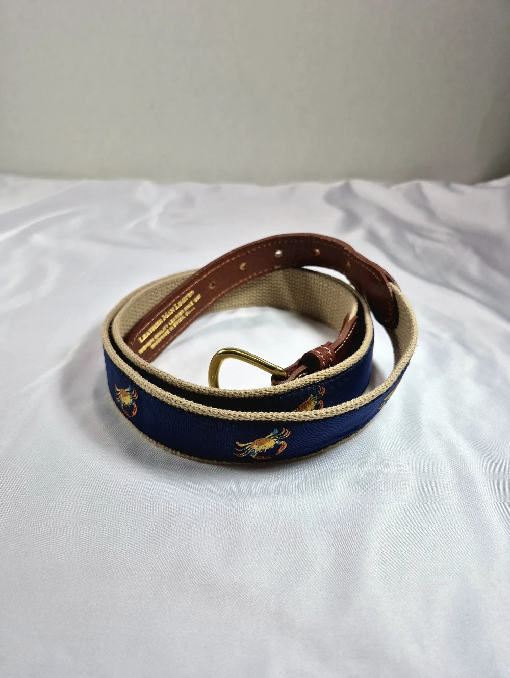 NWOT Leather Man Ltd. Blue Crab Ribbon Belt - Navy/Khaki USA Natical Old Money